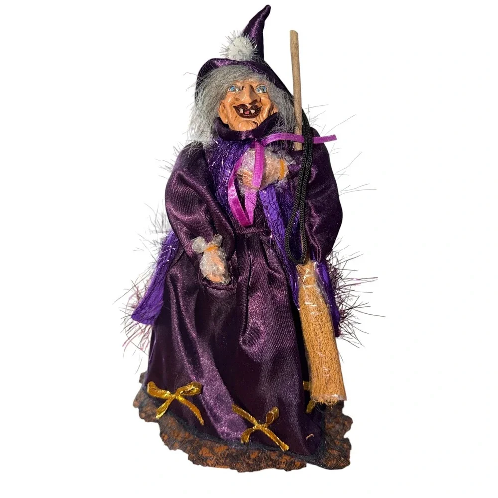 Gothic Halloween Decor Hanging Witch Purple Satin Dress Broom 12.5